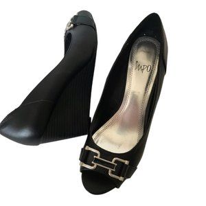 IMPO black peep toe wedge shoes w/buckles